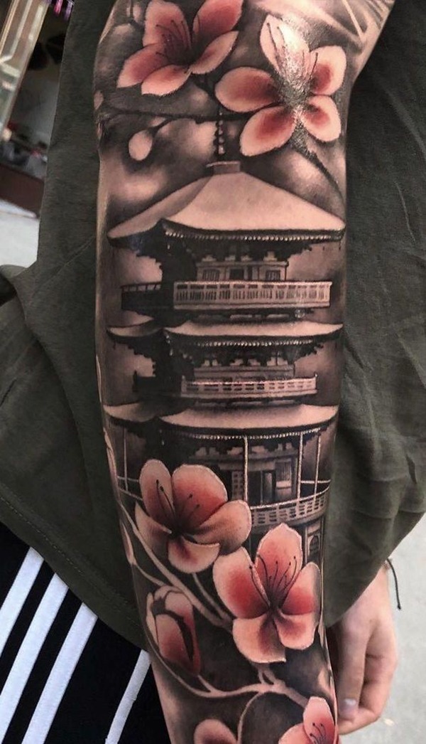 The Peaceful Pagoda With Cherry Blossom Tattoo Design
