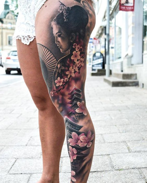 The Realistic Geisha with Pagodas Watercolor Cherry Blossom Tattoo Tattoo Design