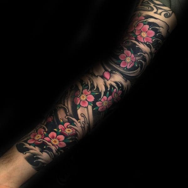 The Sleeve of Waves and Cherry Blossom Tattoo Ideas Tattoo Design