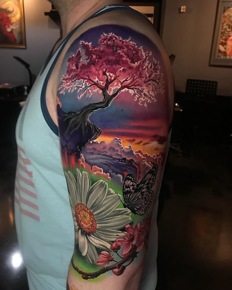 The Stunning Sunrise with Butterfly Tattoo Design