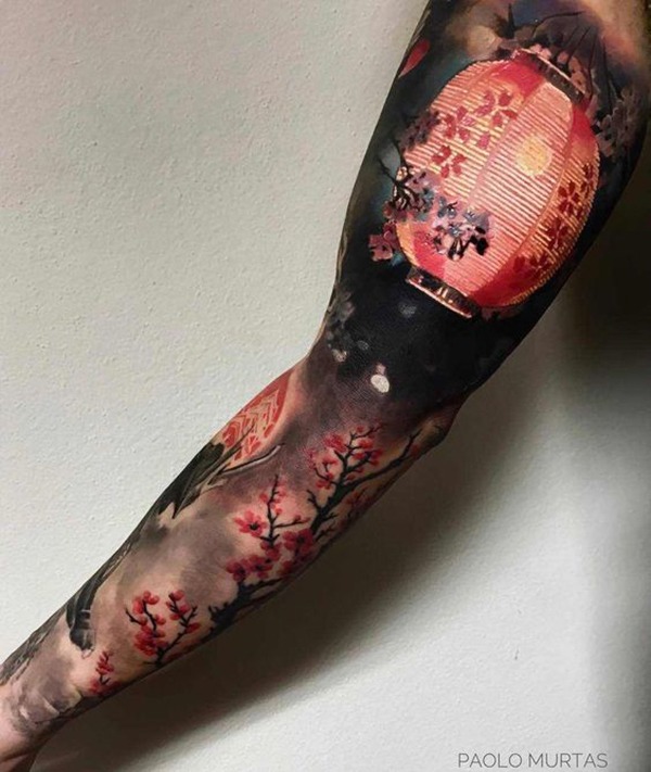 Watercolor Cherry Blossom Tattoo Idea: The Peaceful Floating Lantern at Night Tattoo Design