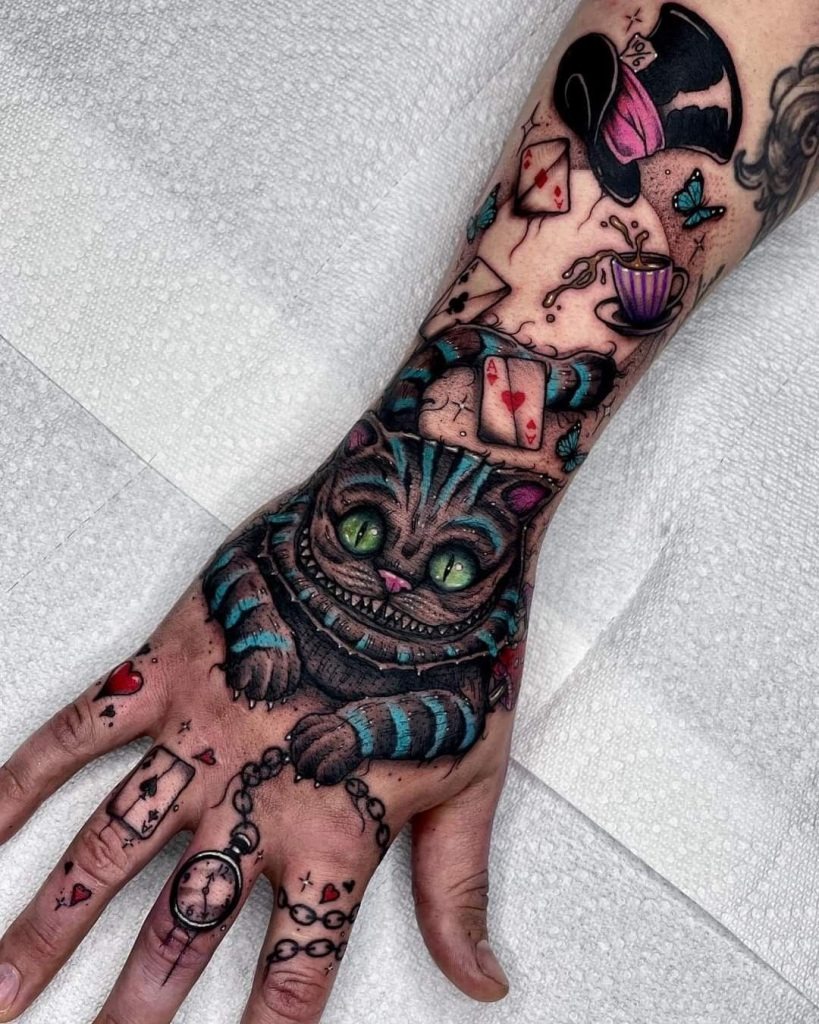 Full-Color Cheshire Cat Fantasy Sleeve Tattoo Design