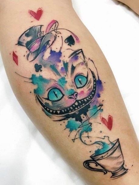 Tea Party Watercolor Cheshire Cat Tattoo Tattoo Design