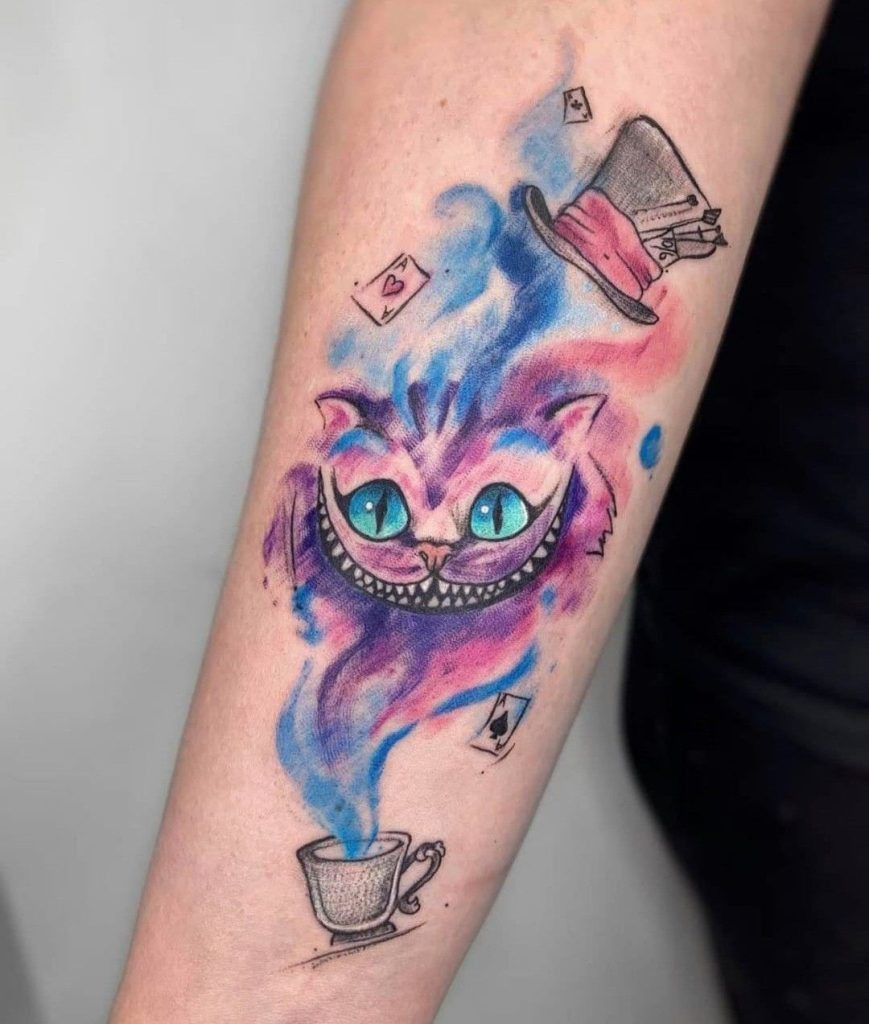 Watercolor Cheshire Cat With Dreamy Smoke Tattoo Design