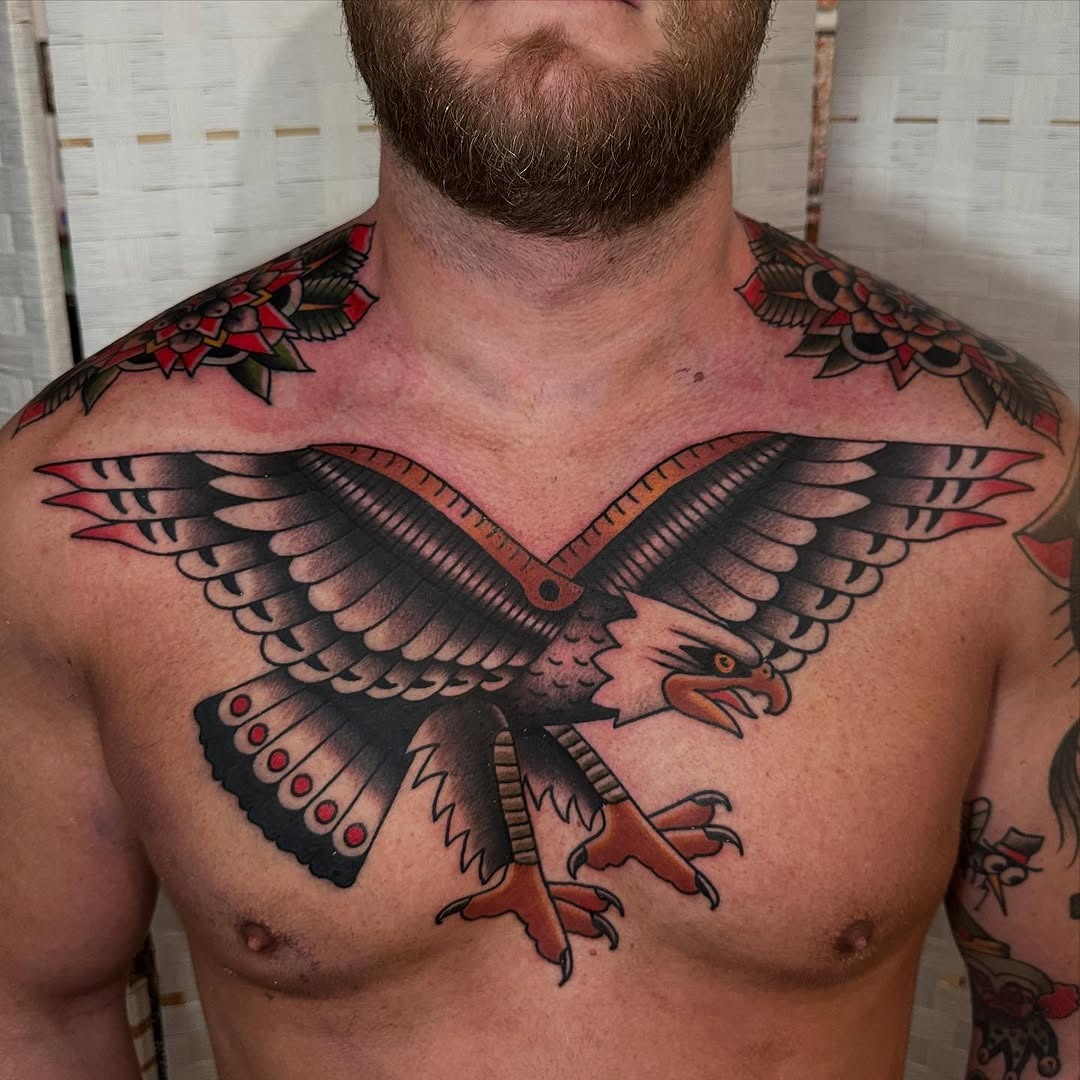 Bold Eagle Design on Chest with Flowers Tattoo Design