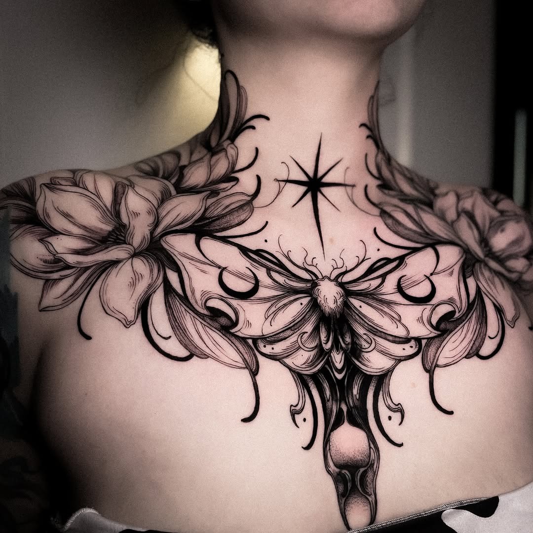 Elegant floral and butterfly chest tattoo artwork Tattoo Design