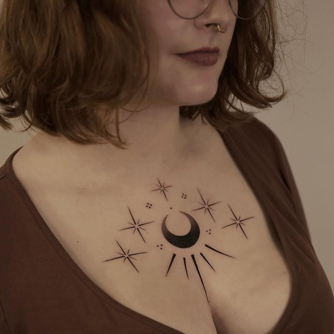 Elegant moon and star chest tattoo design Tattoo Design