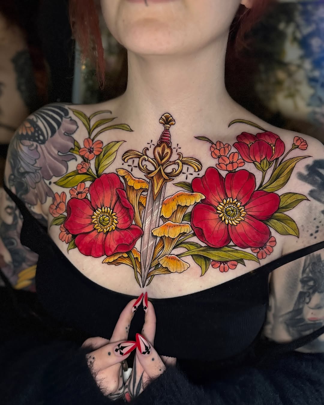 Floral and sword tattoo design on chest Tattoo Design