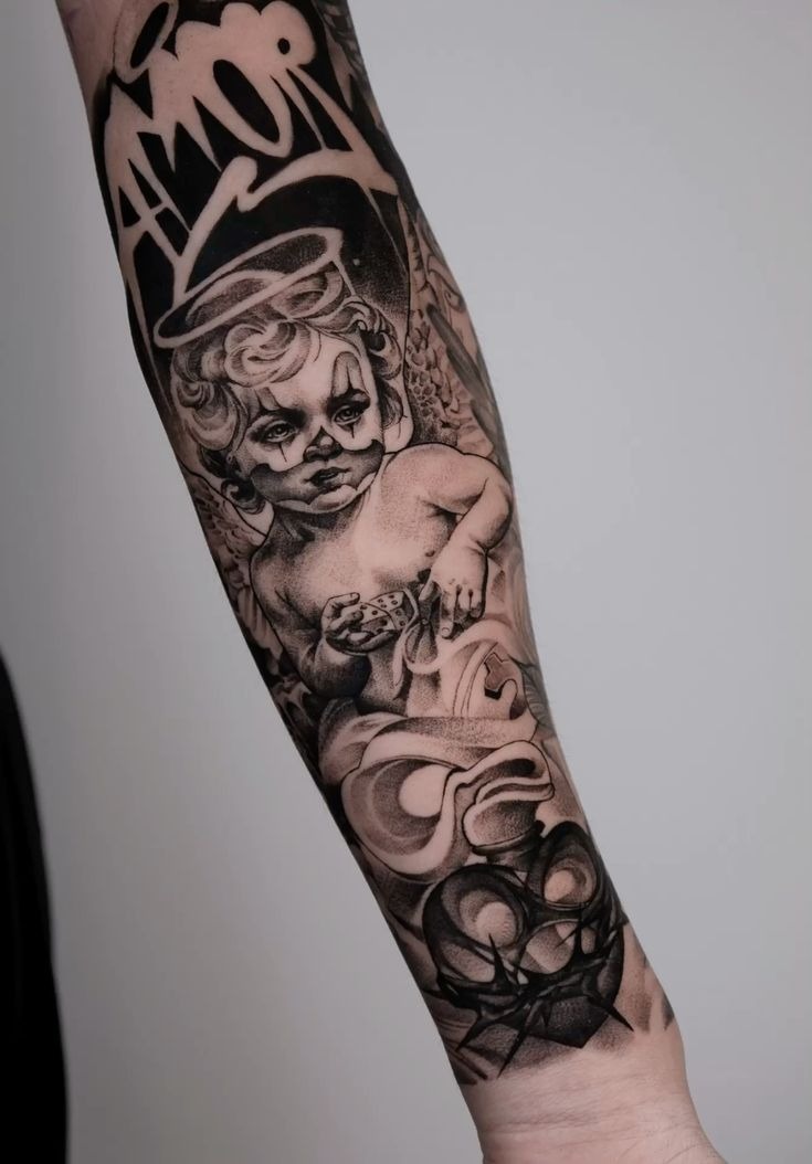 Classic Chicano Script and Mask Sleeve Tattoo Design