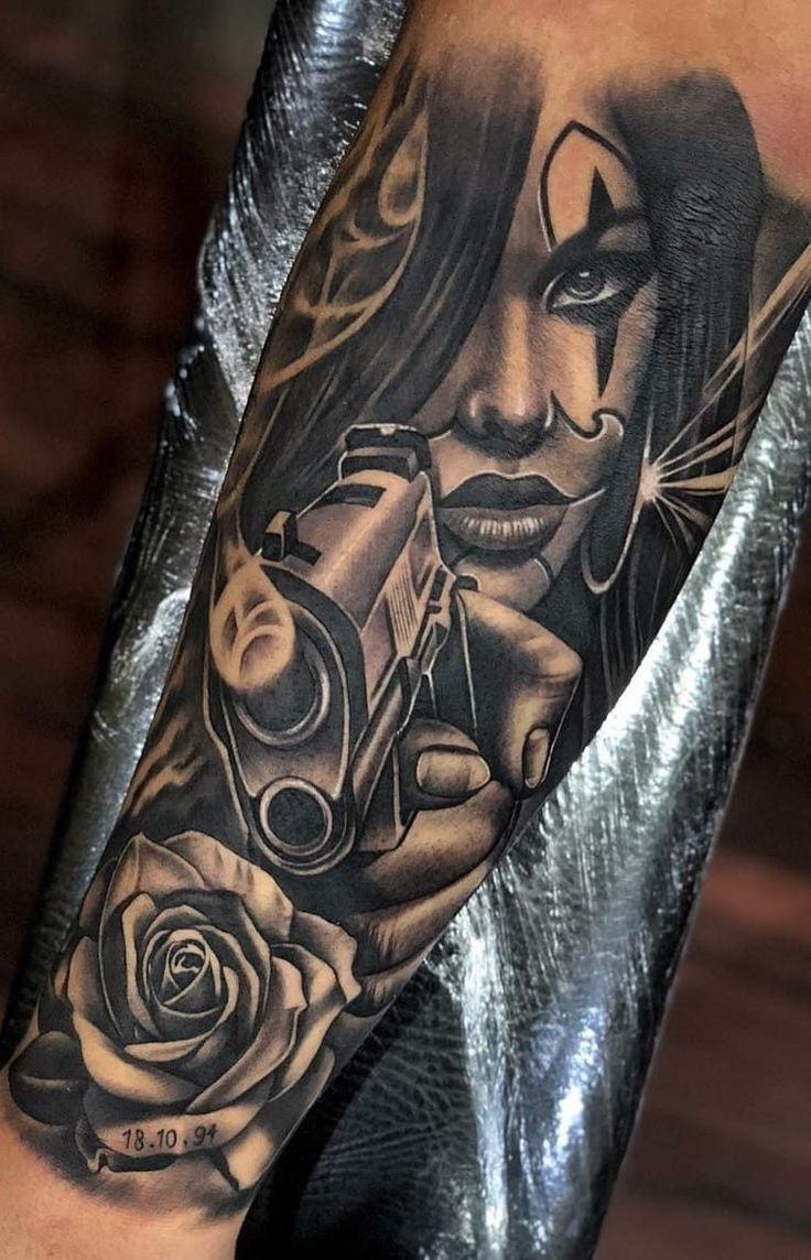 Defiant Rose and Revolver Chicana Portrait Tattoo Design