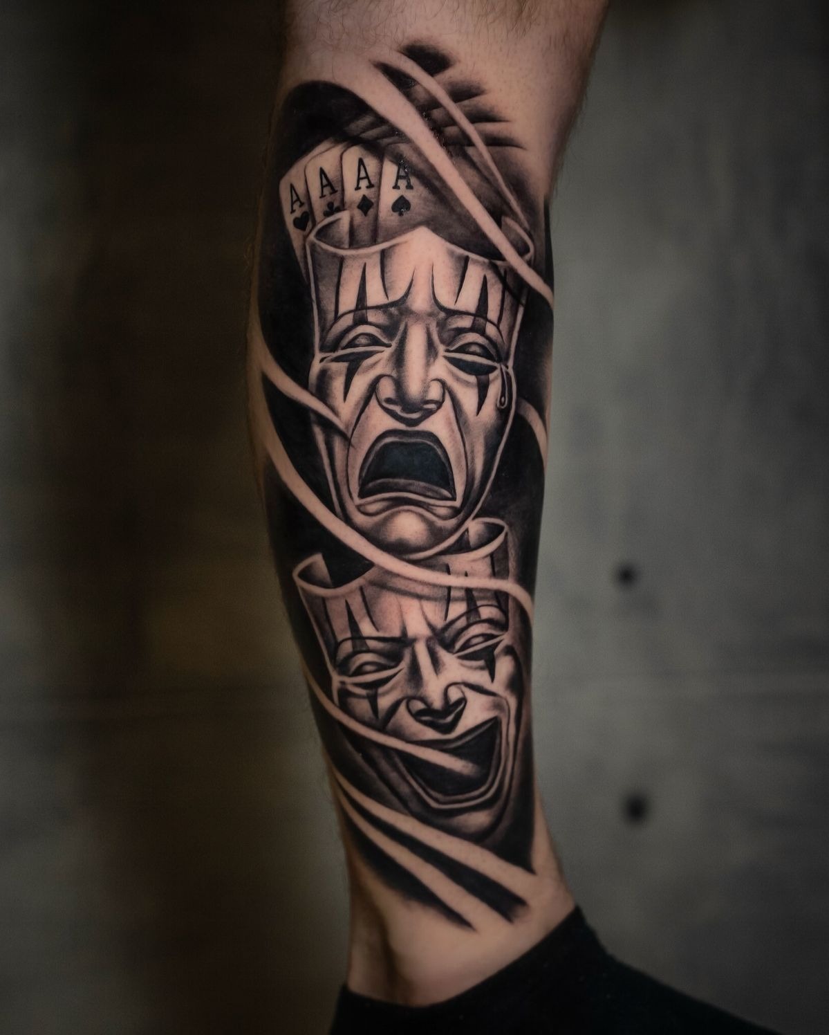 Dual Mask Theater of Emotion Tattoo Design