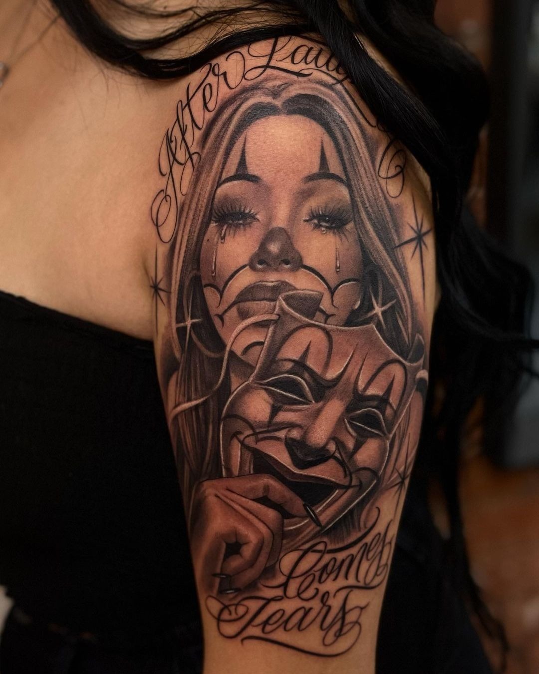 Emotional Mask and Heart Script Tattoo Design