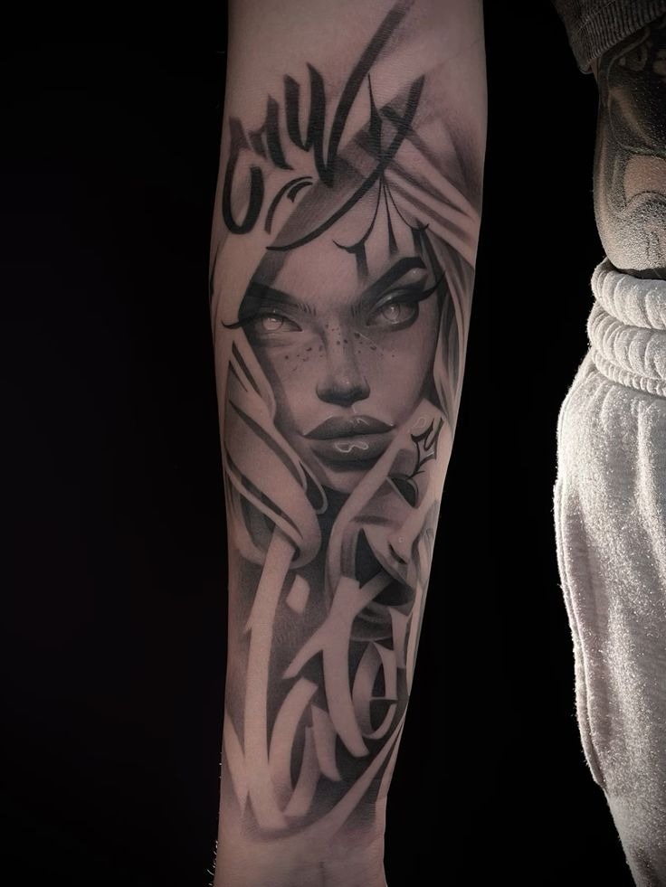 Intense Gaze Chicana with Symbolic Hand Detail Tattoo Design