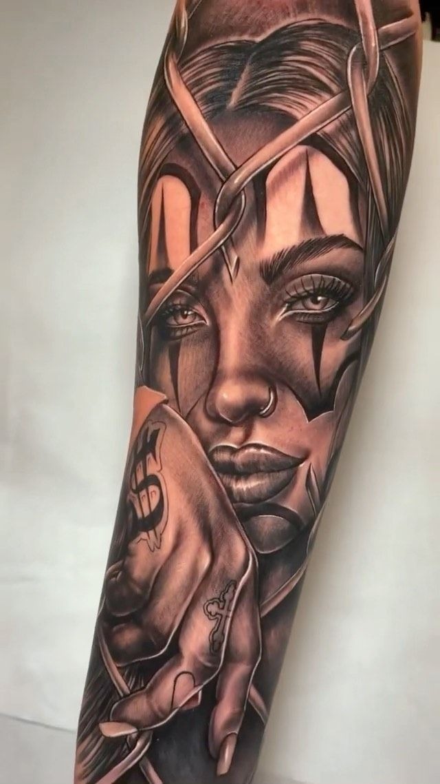 Introspective Chicana Portrait with Lettering Base Tattoo Design