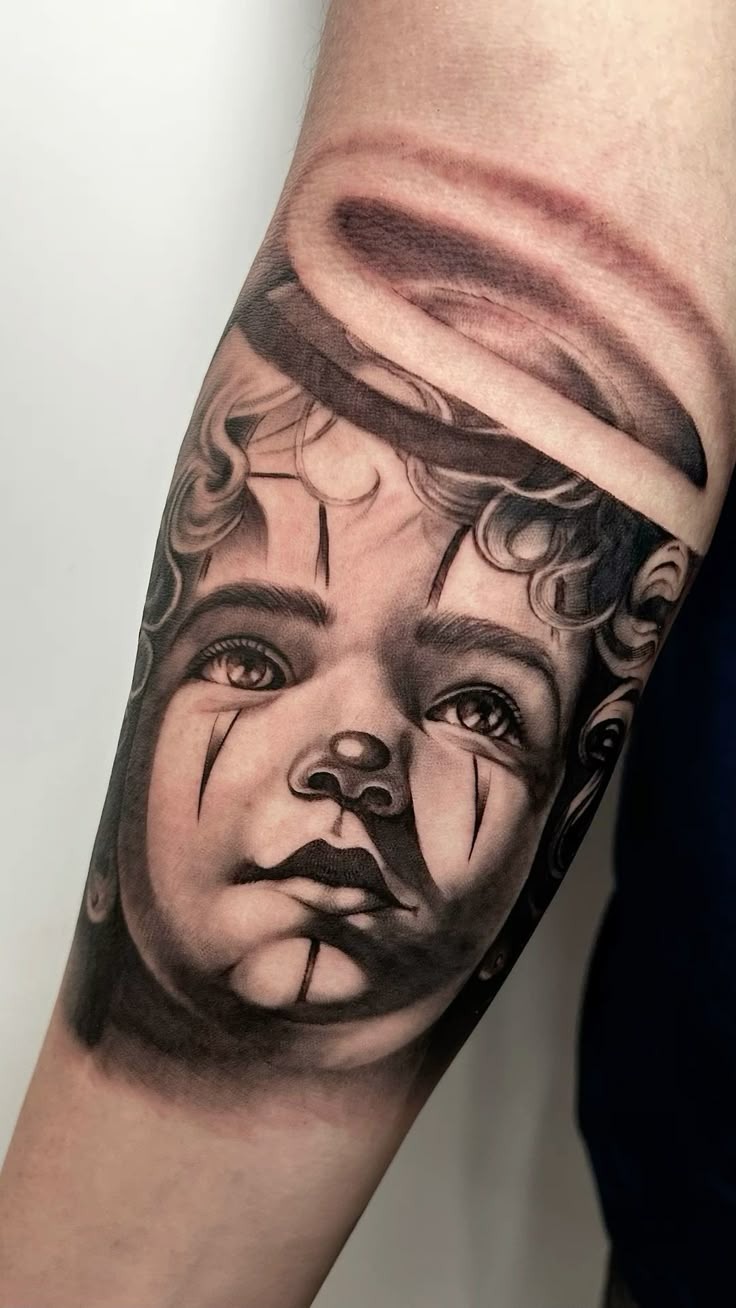 Soft Portrait with Flowing Lettering Overlay Tattoo Design