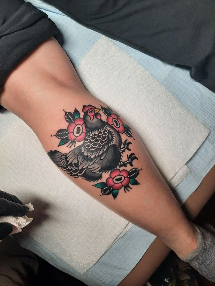 American Traditional Chicken With Flowers Tattoo Design