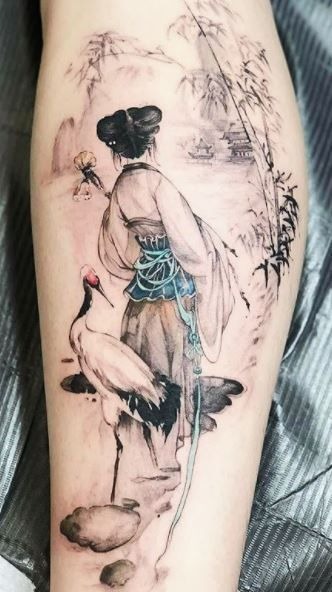 Classical Chinese Figure and Crane Tattoo Tattoo Design