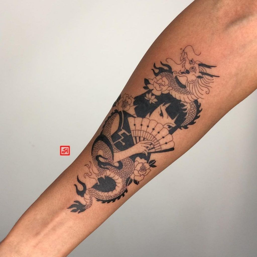 Dragon and Fan Forearm Story Tattoo Tattoo Design
