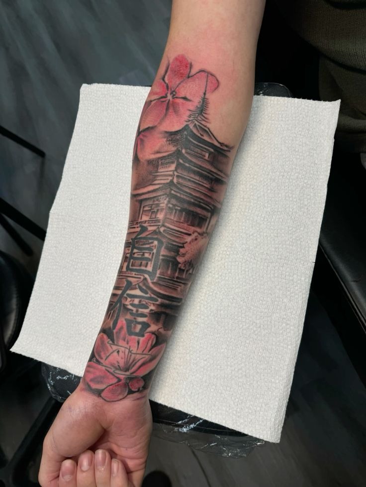 Temple and Blossom Forearm Sleeve Tattoo Tattoo Design