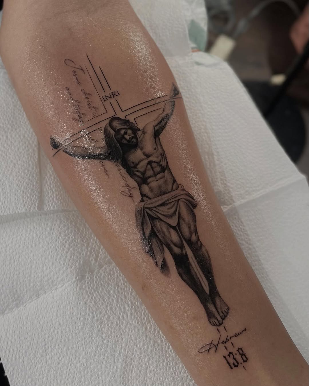 Stunning Jesus Crucifixion Tattoo in Black and Gray Tattoo Design