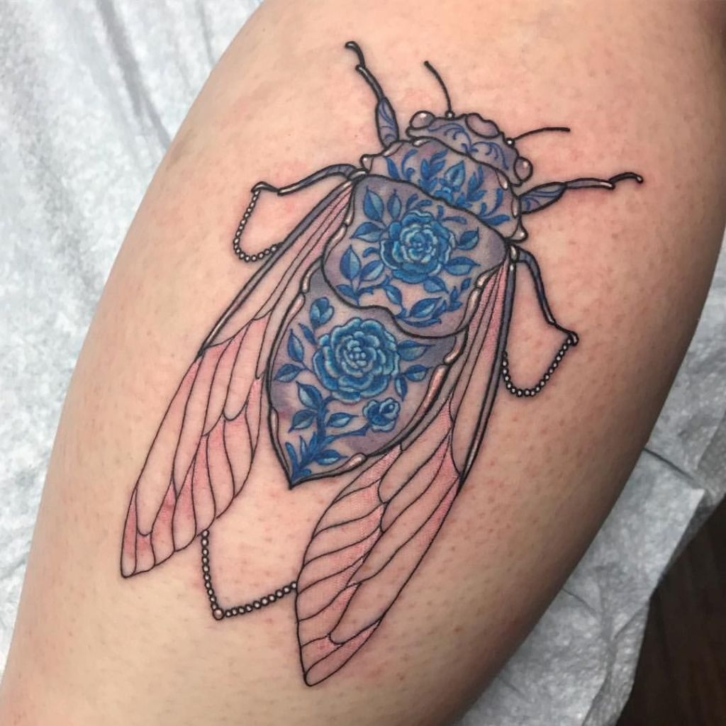 Cicada with Floral Design Tattoo Design