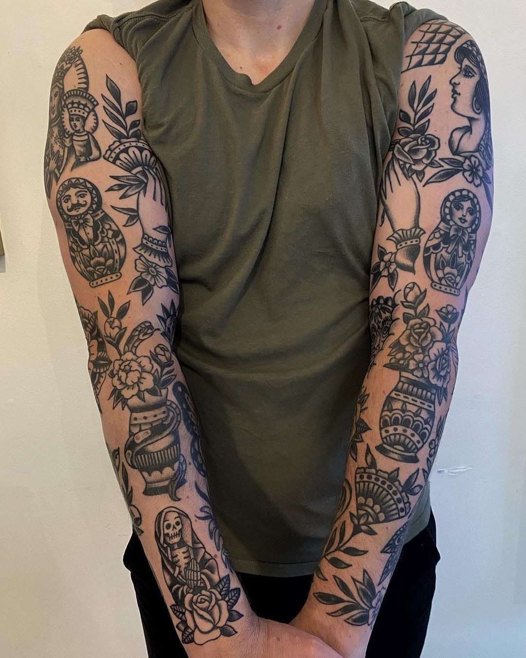 Black Matryoshka and Vase Patchwork Sleeves Tattoo Design