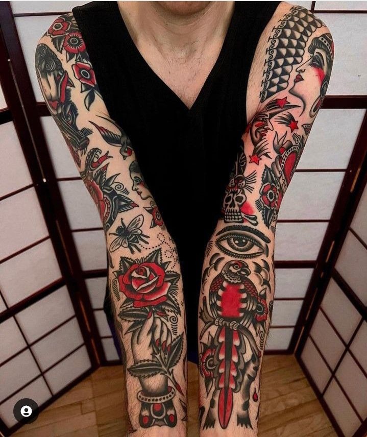 Black Work Butterfly and Snake Sleeve Tattoo Design