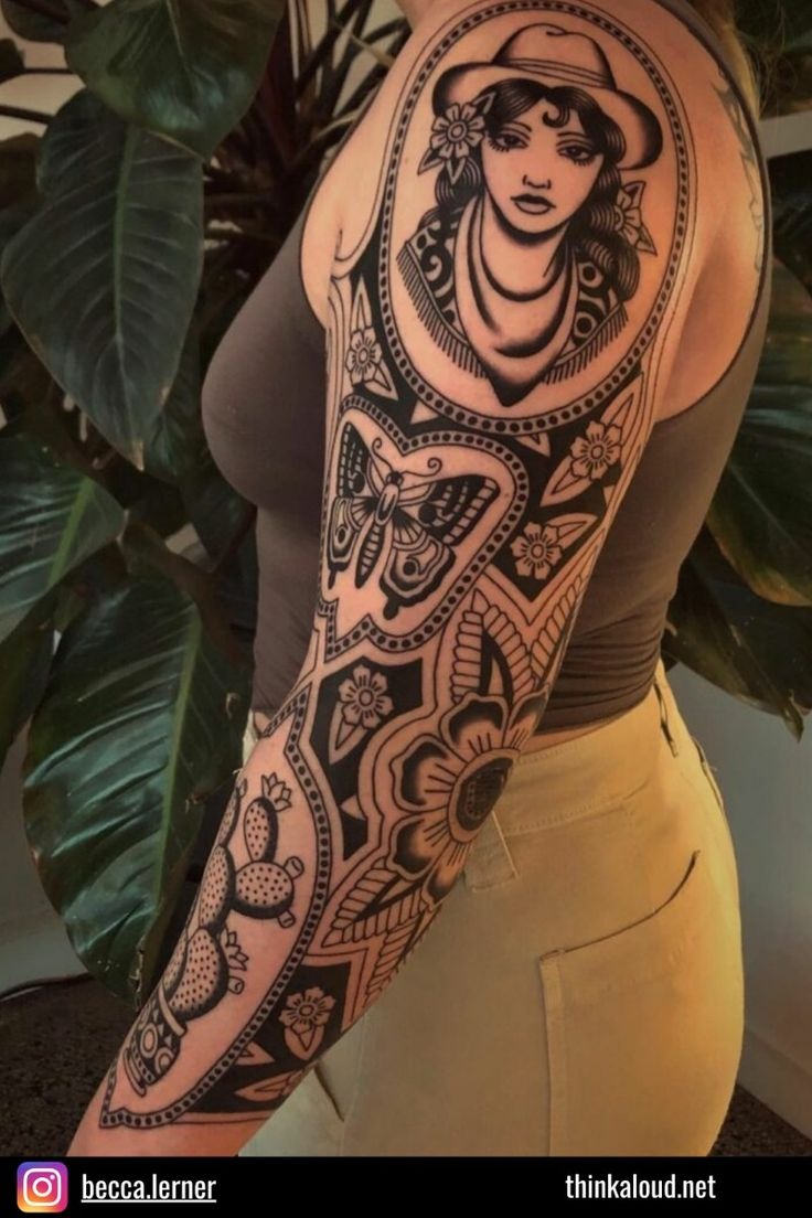 Bold Black Framed Cowgirl Sleeve Tattoo Design
