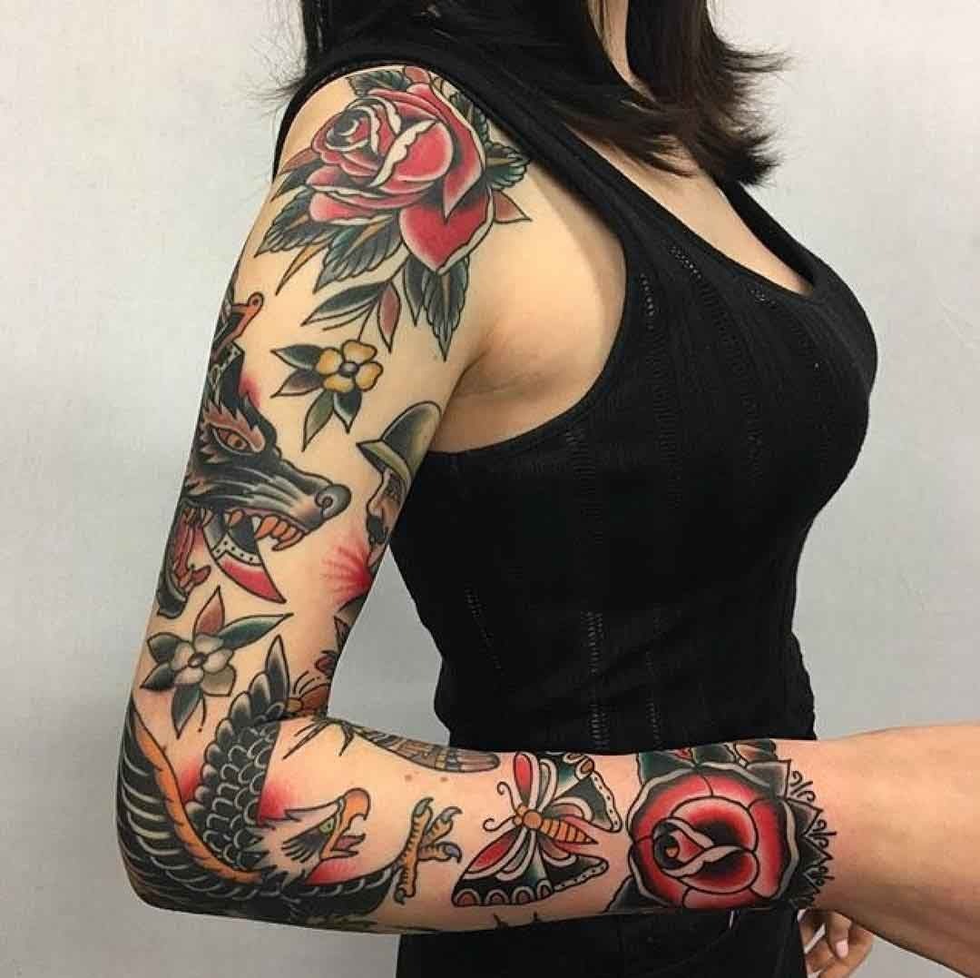 Bold Red-and-Black Twin Sleeve Story Tattoo Design