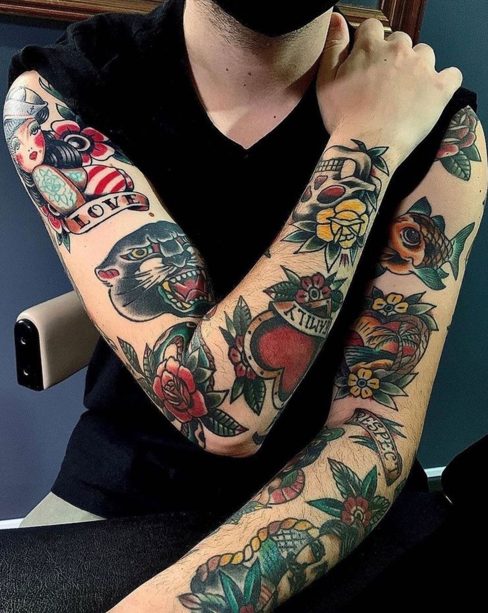 Classic Black Ship and Skull Sleeve Tattoo Design