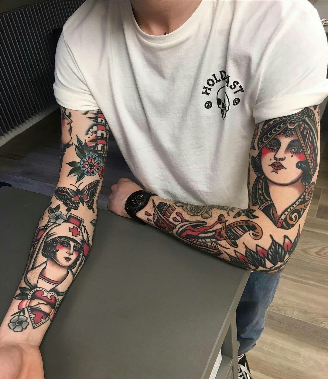 Color Nurse and Portrait Twin Sleeve Tattoo Design