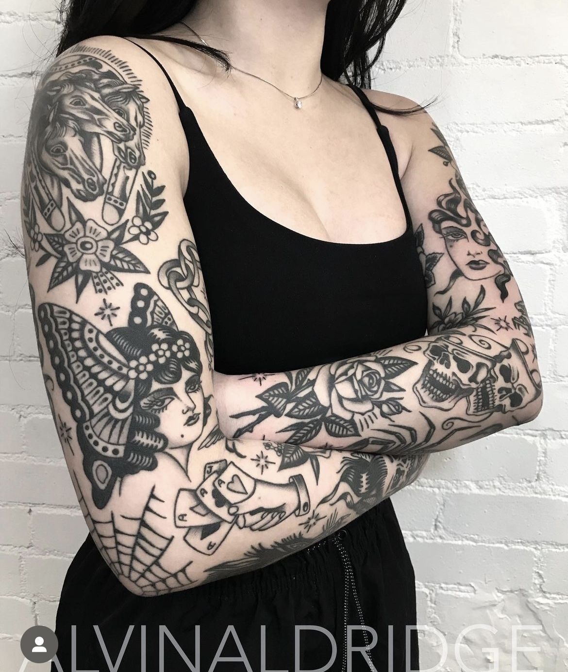 Colorful Rose and Wolf Traditional Sleeve Tattoo Design