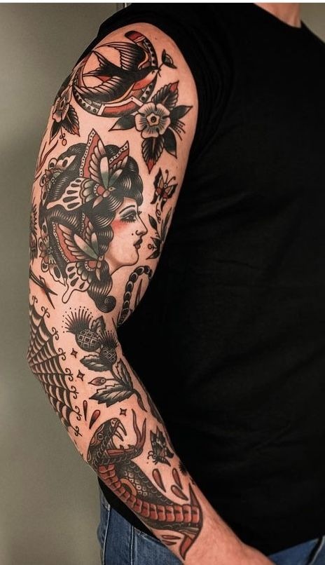 Dark Muse and Serpent Black-and-Red Sleeve Tattoo Design