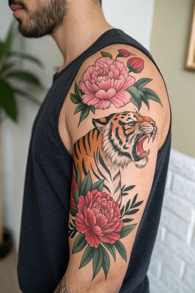 Feminine Tiger and Peony Half Sleeve Tattoo Design