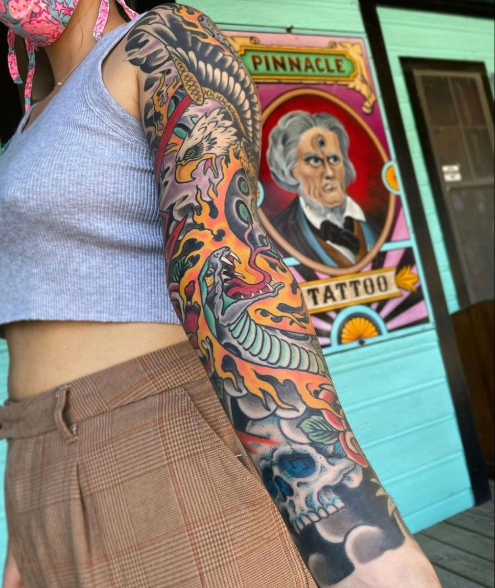Flaming Eagle and Serpent Color Sleeve Tattoo Design
