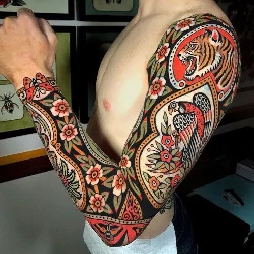 Framed Tiger and Bird Folk Sleeve Tattoo Design
