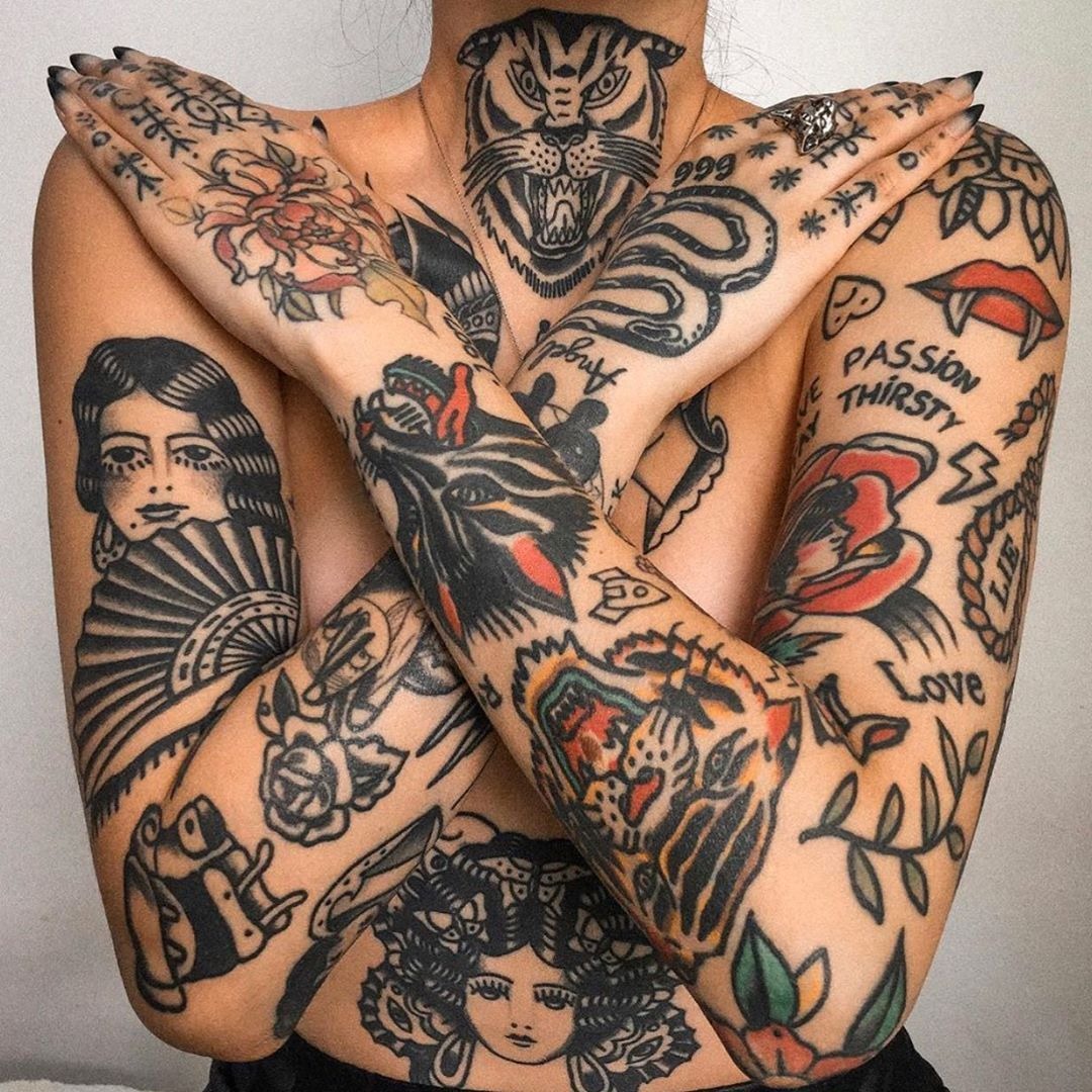 Mixed Black and Color Power Sleeves Tattoo Design