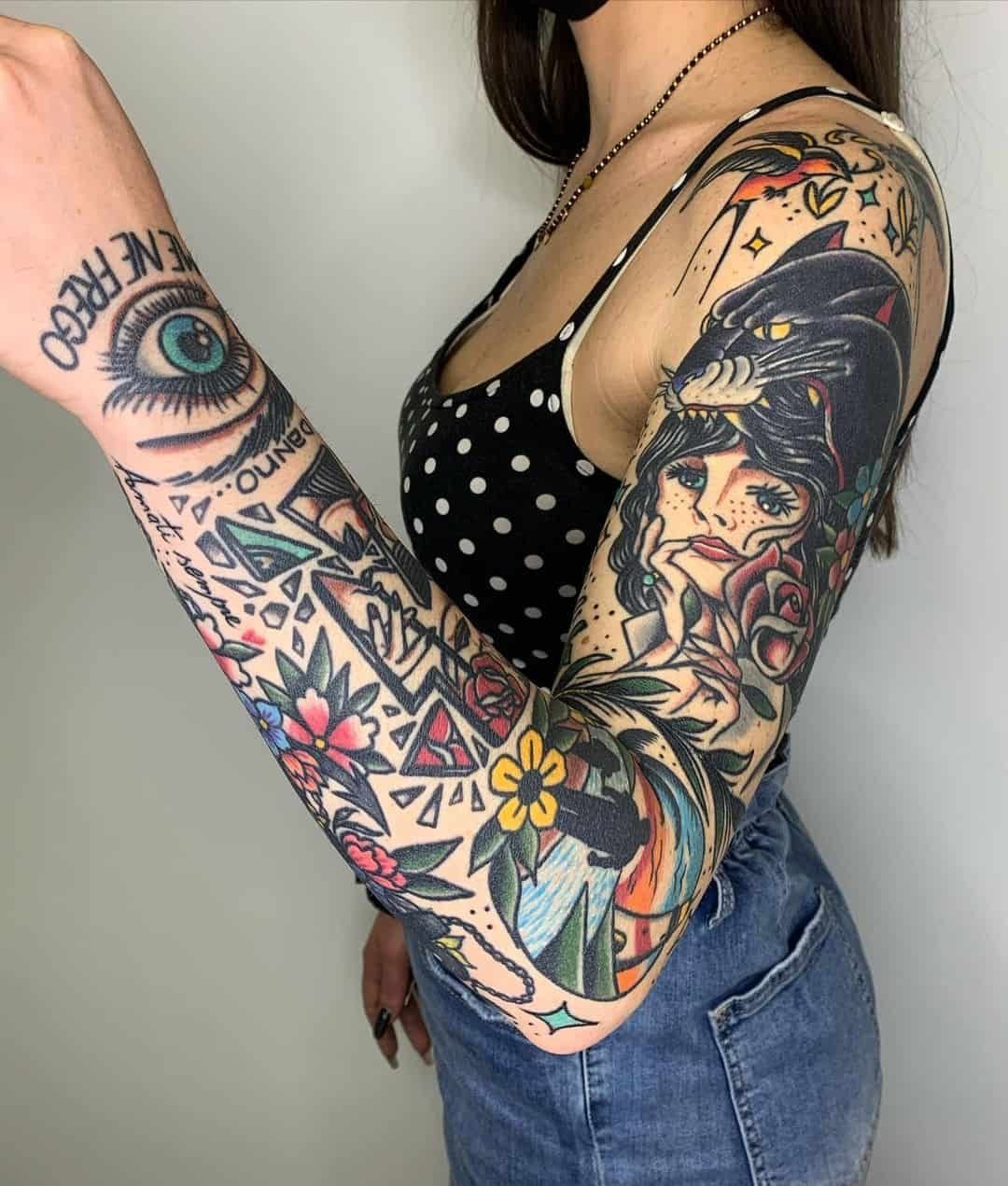 Neo Traditional Eye and Panther Sleeve Tattoo Design