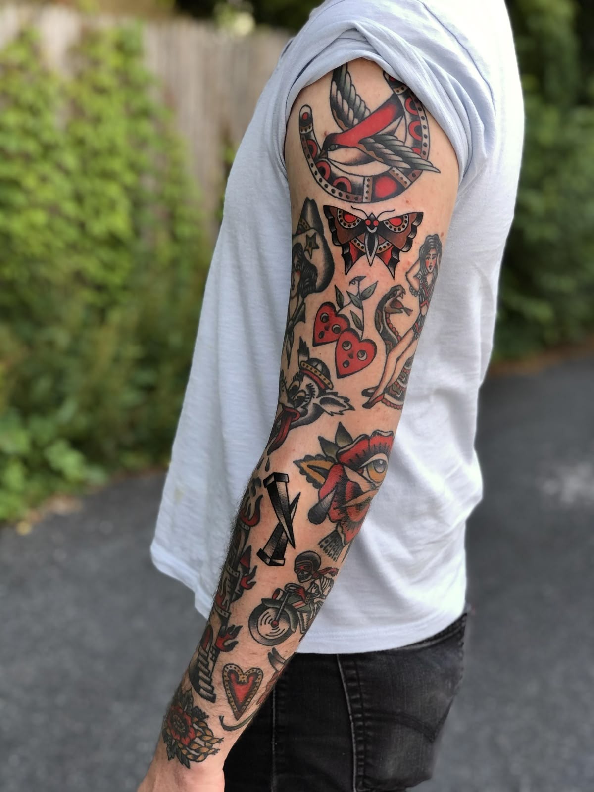 Red-and-Black Americana Patchwork Sleeve Tattoo Design