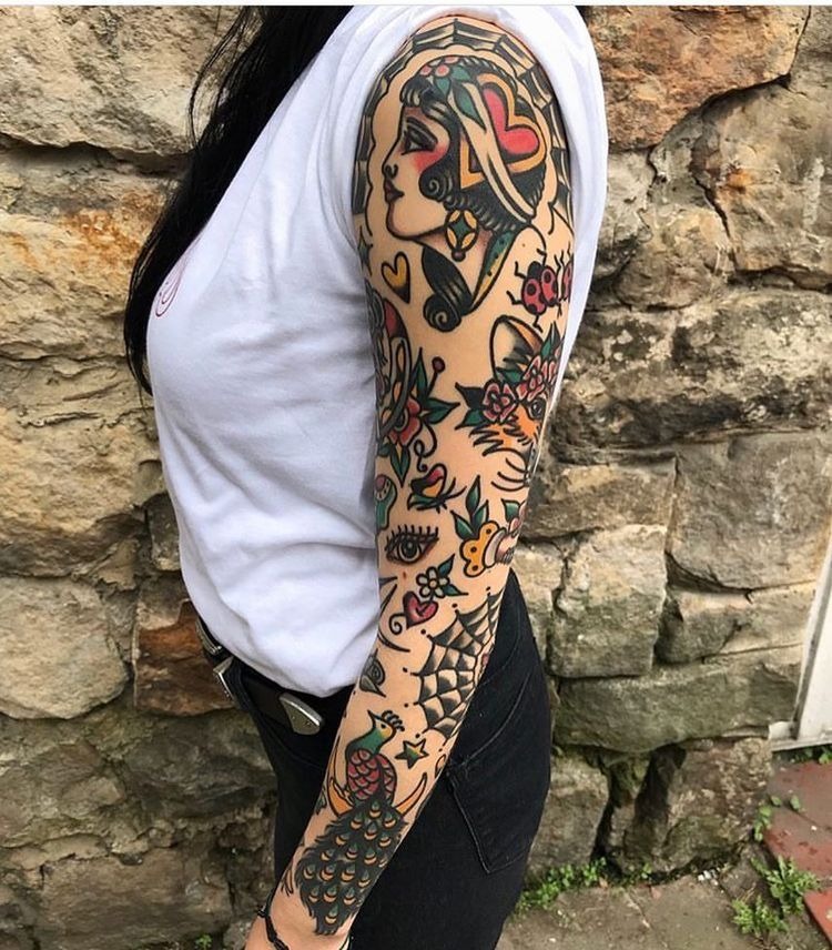 Romantic Muse and Floral Traditional Sleeve Tattoo Design
