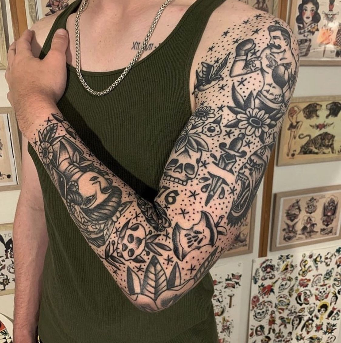 Starry Black and Grey Patchwork Sleeve Tattoo Design