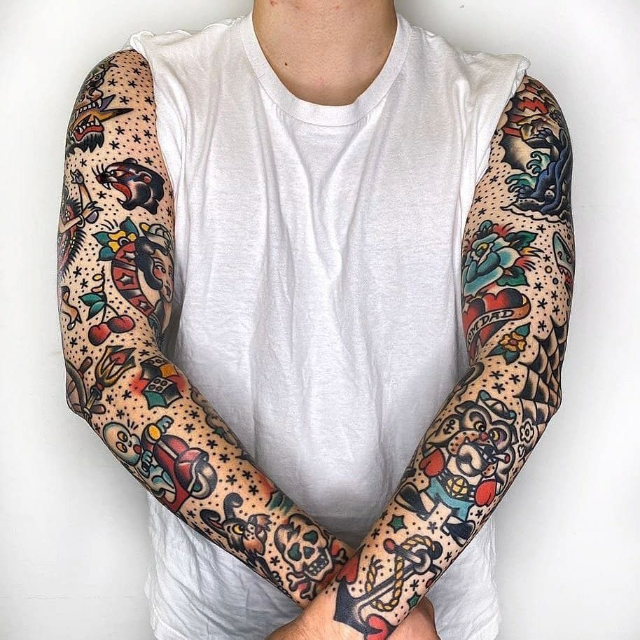Starry Carnival Patchwork Color Sleeve Tattoo Design