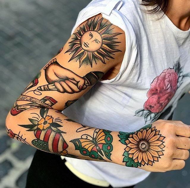 Sunshine and Sunflower Americana Sleeve Tattoo Design