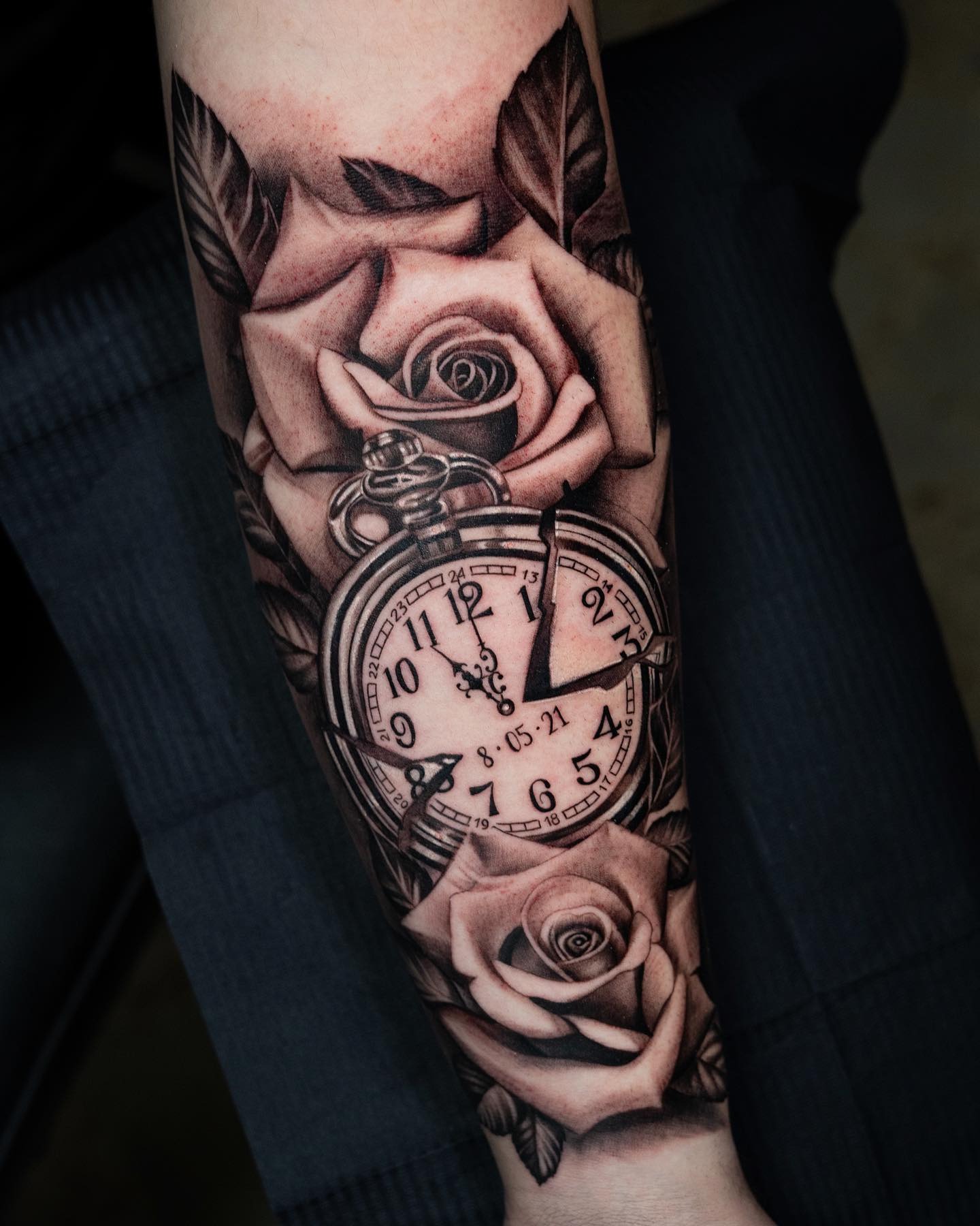 Broken Pocket Watch and Rose Clock Tattoo Tattoo Design