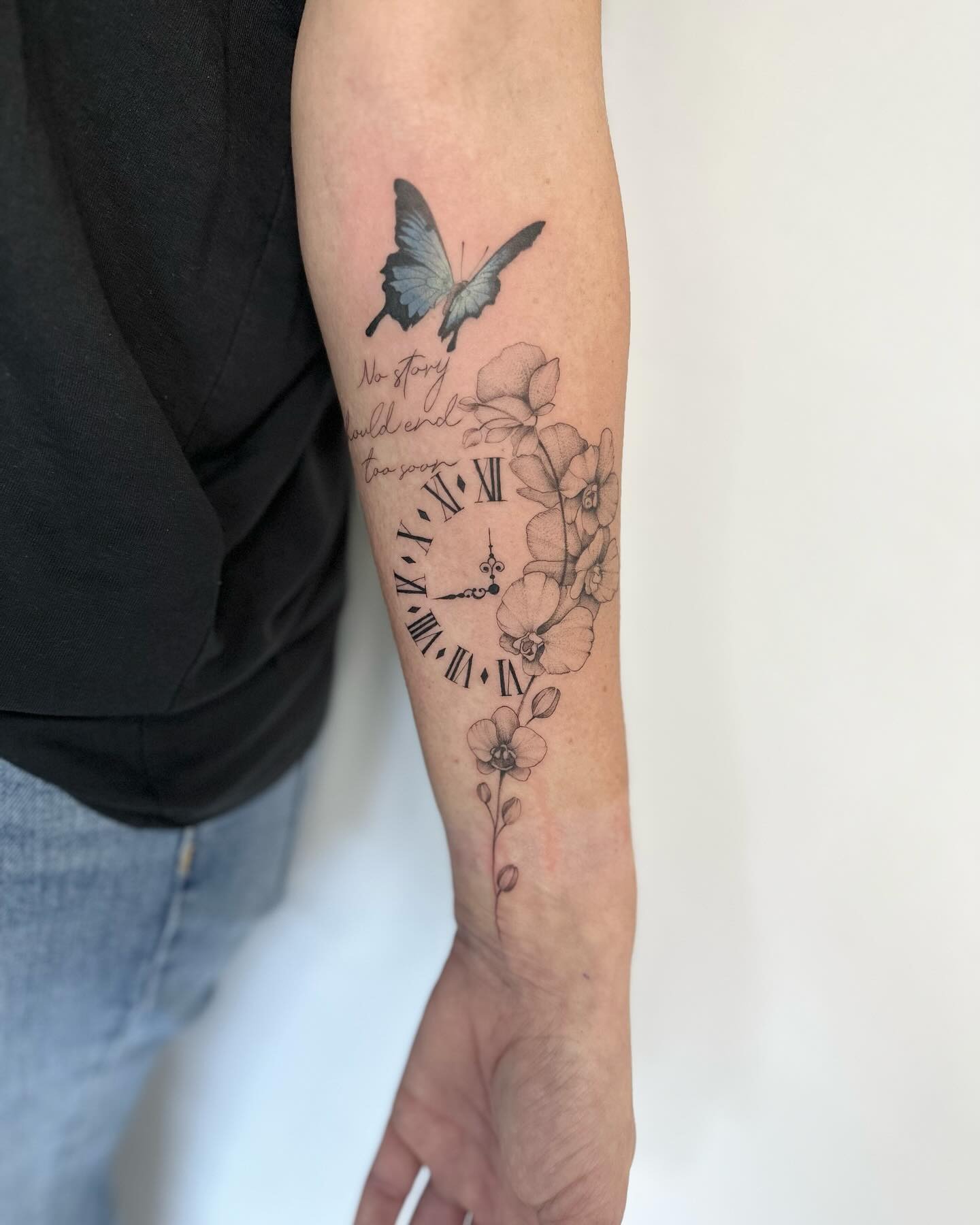 Butterfly and Floral Clock Tattoo Tattoo Design