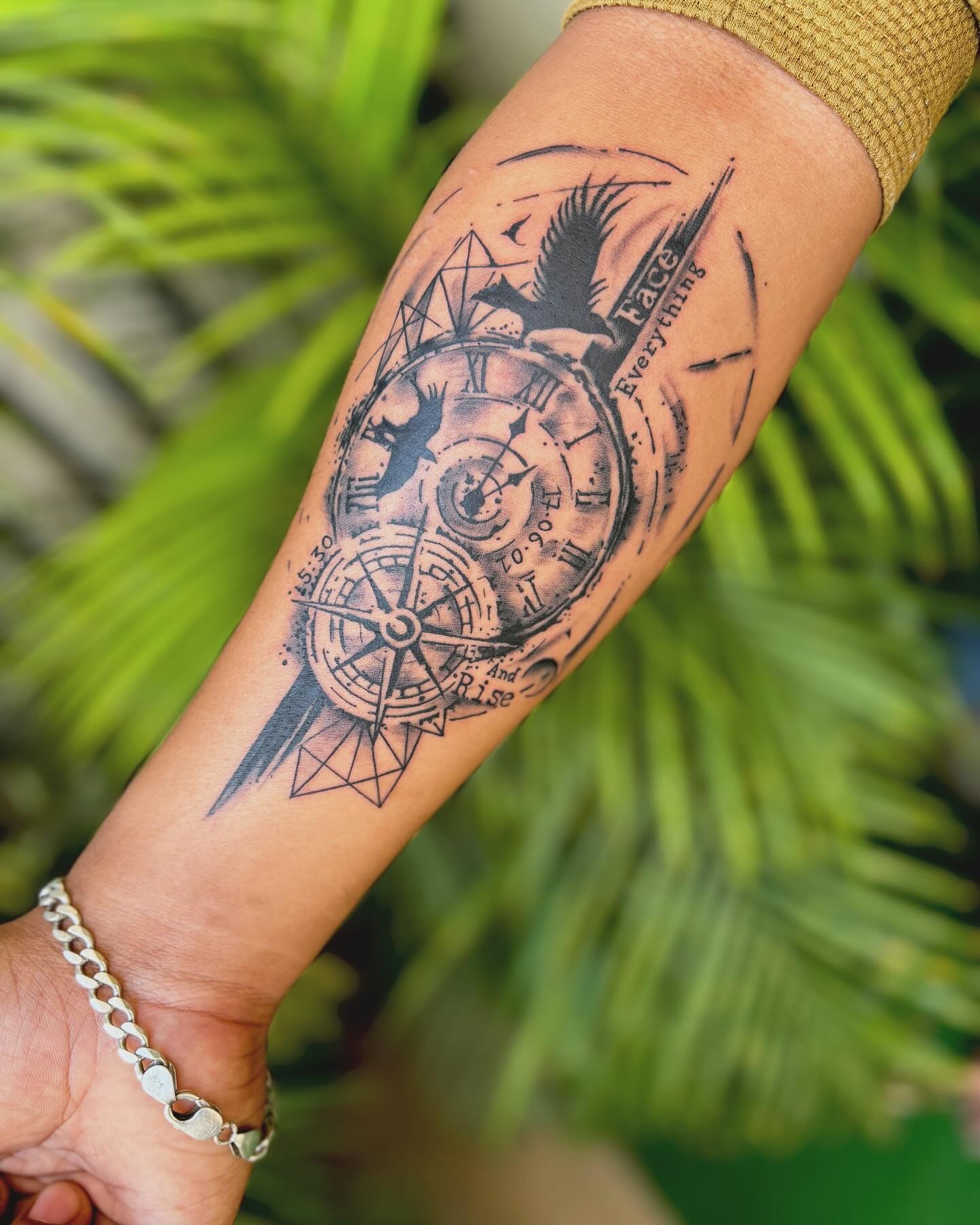 Compass and Clock Tattoo With Raven Tattoo Design