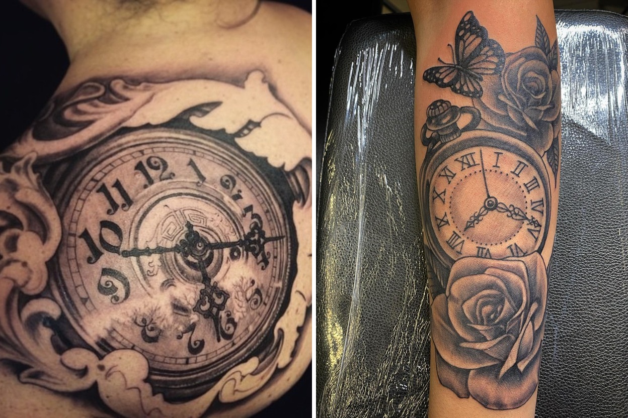 17 Timeless Clock Tattoo Ideas Filled With Meaning Featured Lookbook Collage
