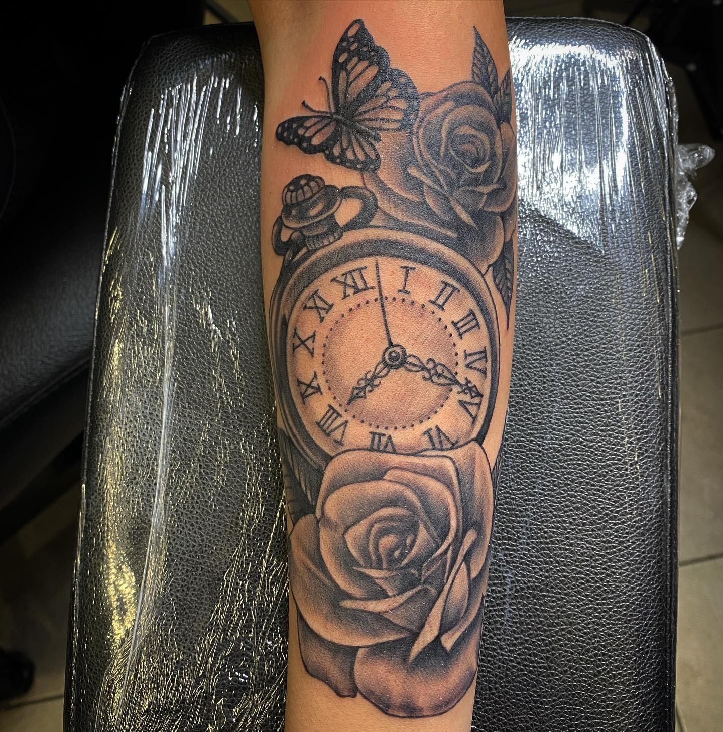 Rose and Butterfly Clock Tattoo Tattoo Design