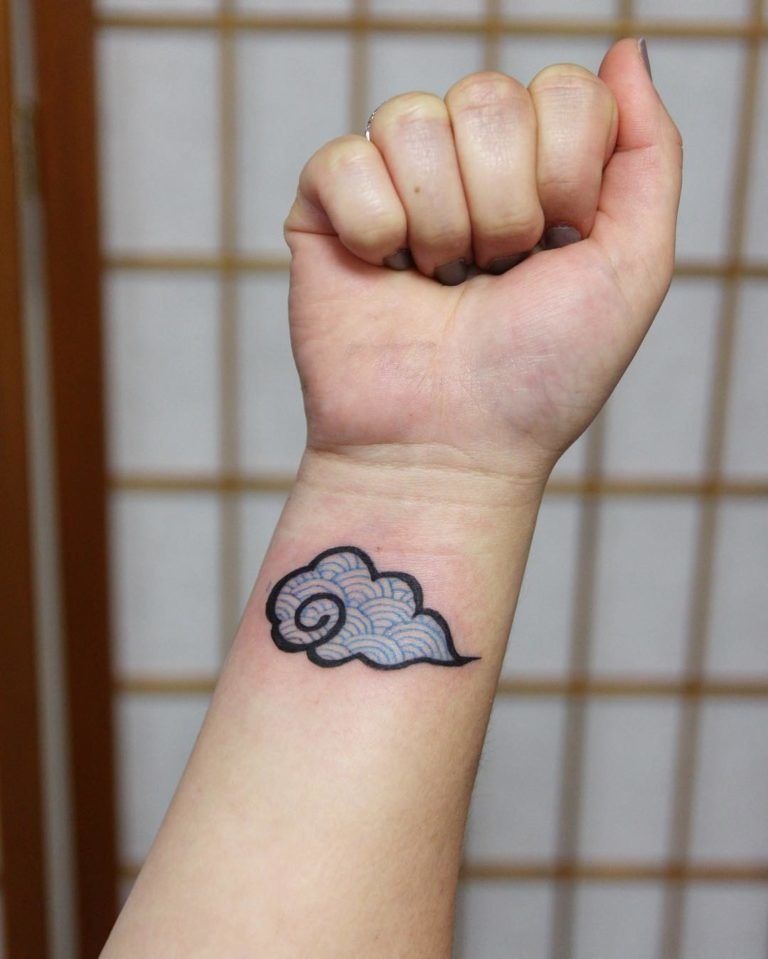 Cloud Tattoos Idea: Ornamental Cloud and Raindrops Tattoo in Grayscale Tattoo Design