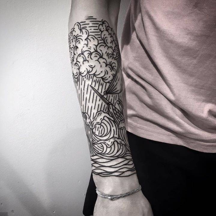 Cloud Tattoos Idea: Sun, Clouds and Rays in Rectangle Tattoo Tattoo Design